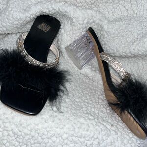 Black Heels with Fur and Crystal Accents